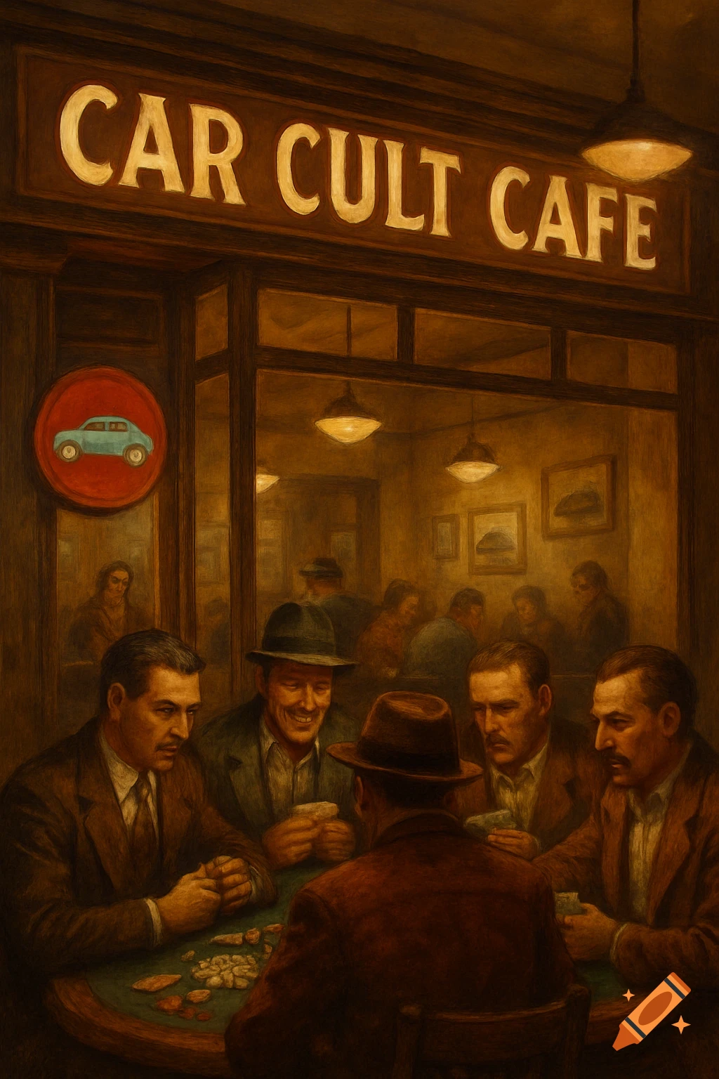 Painting of men gambling in a cafe called Car Cult Cafe.