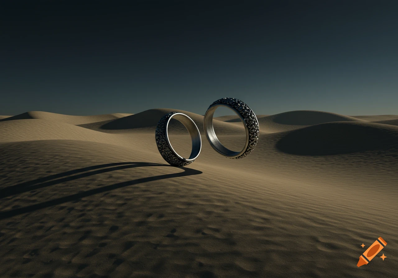 Two silver rings float above sand dunes in a shadowy desert, in the style of Magritte.