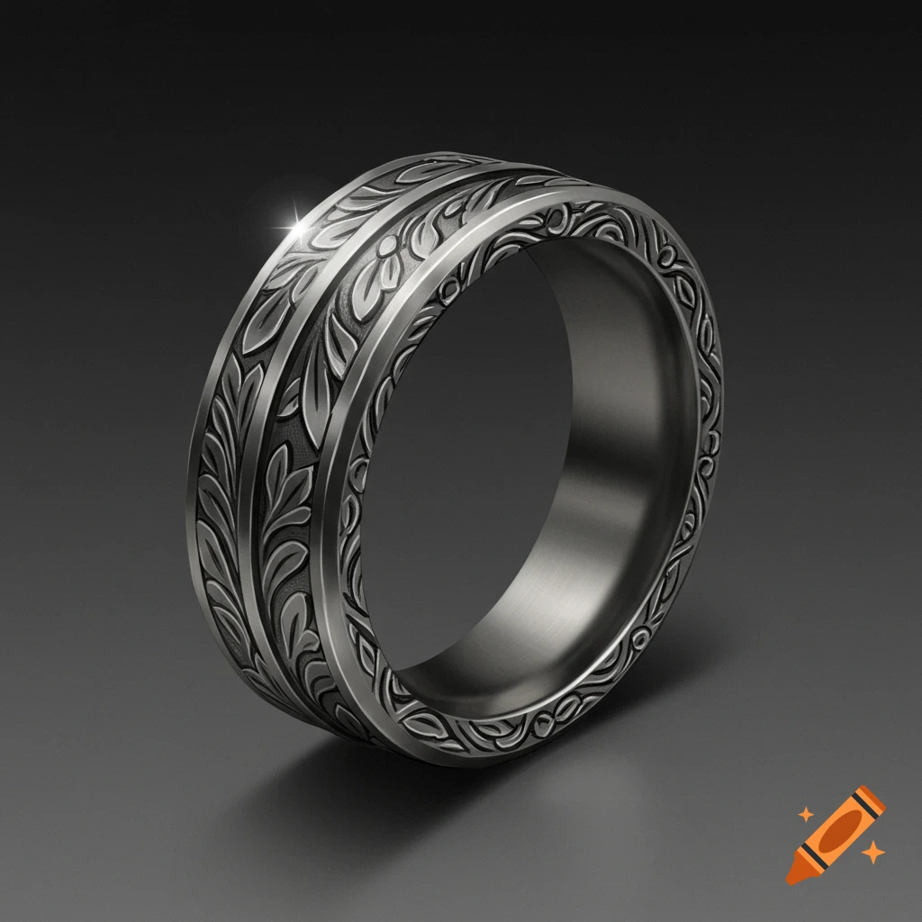 A detailed silver ring with floral carvings on a dark background.