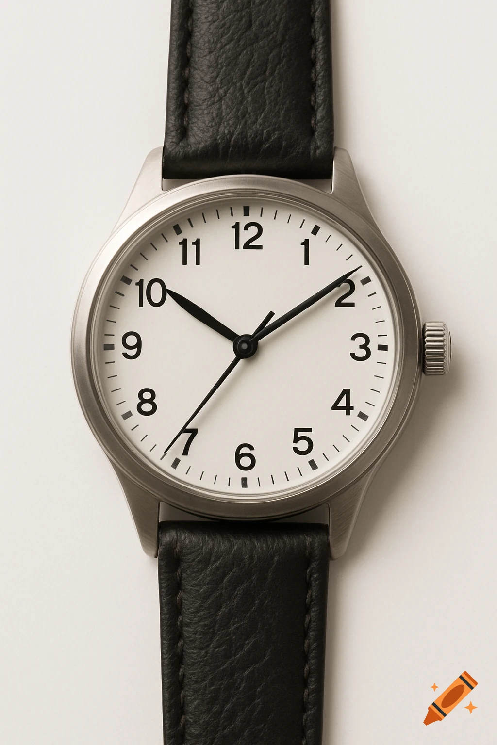 Realistic close-up of an analog wristwatch with a white face and black leather strap on a white background.