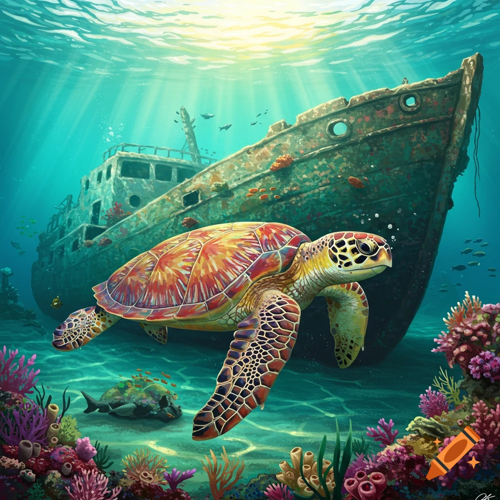 A colorful sea turtle swims underwater in front of a shipwreck, surrounded by coral reefs and fish.