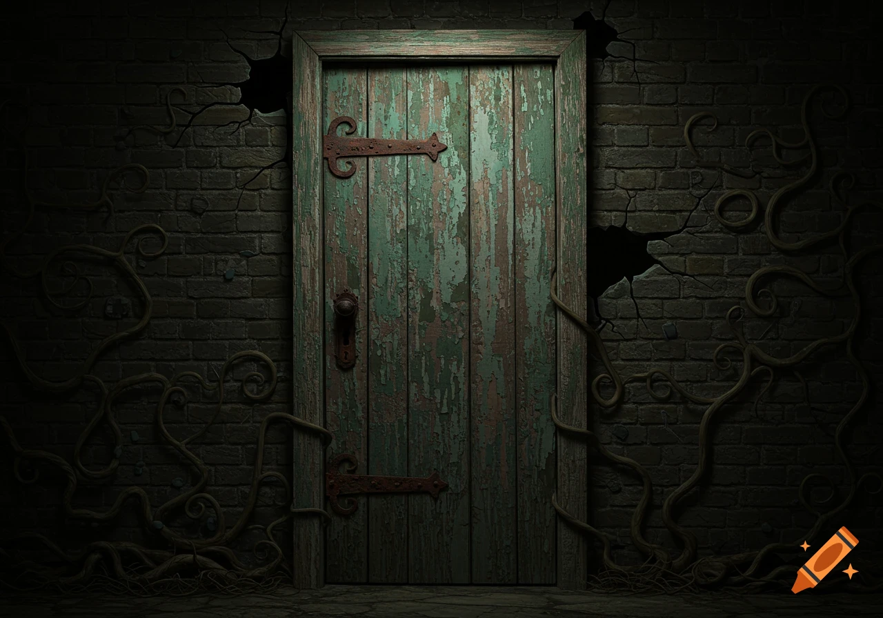A creepy old weathered green door set in a dark brick wall with vines.