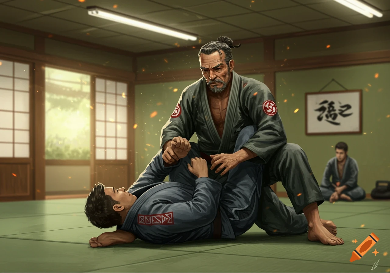 Illustration of an older martial arts instructor performing a move on a student in a dojo.