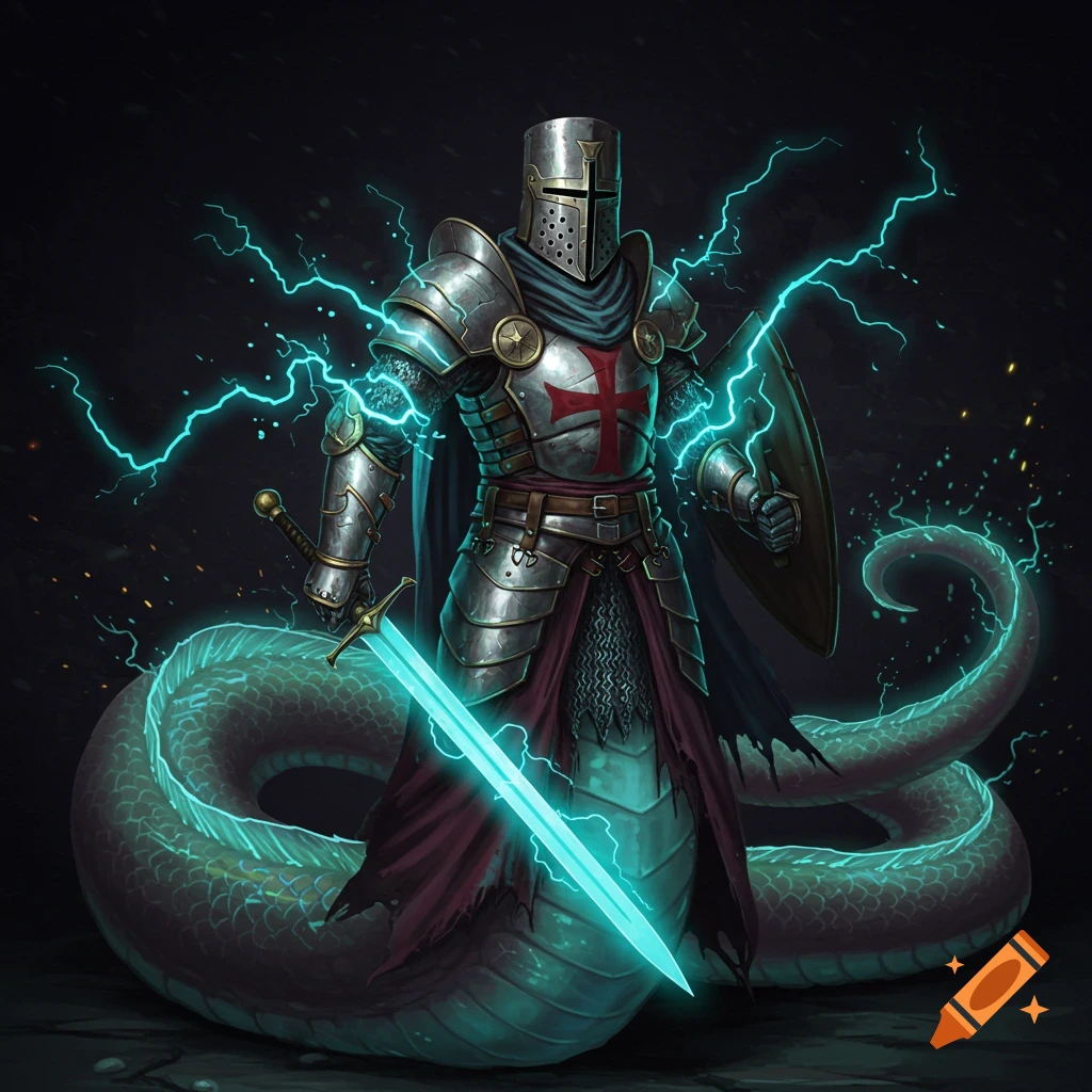 A fantasy illustration of a crusader with a snake lower body wielding a glowing sword and surrounded by lightning.