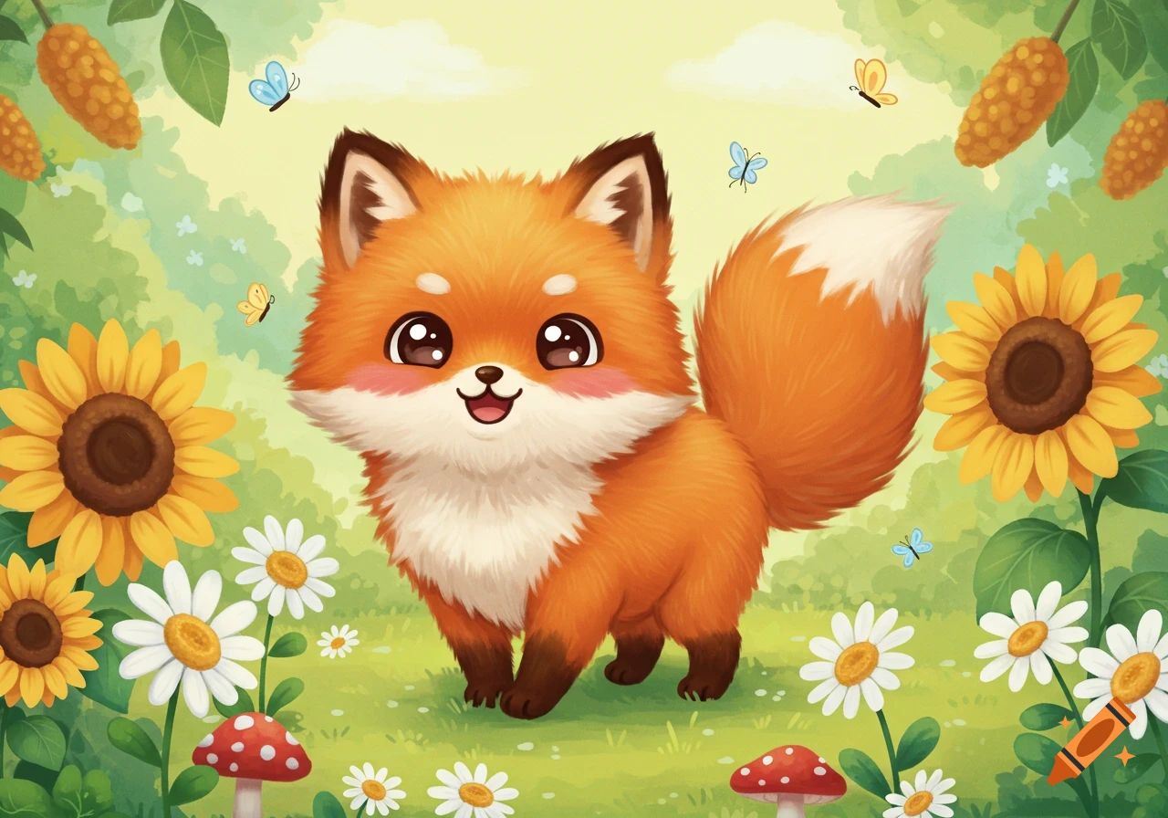 Cute cartoon fox in a sunny garden with sunflowers, daisies, and butterflies.