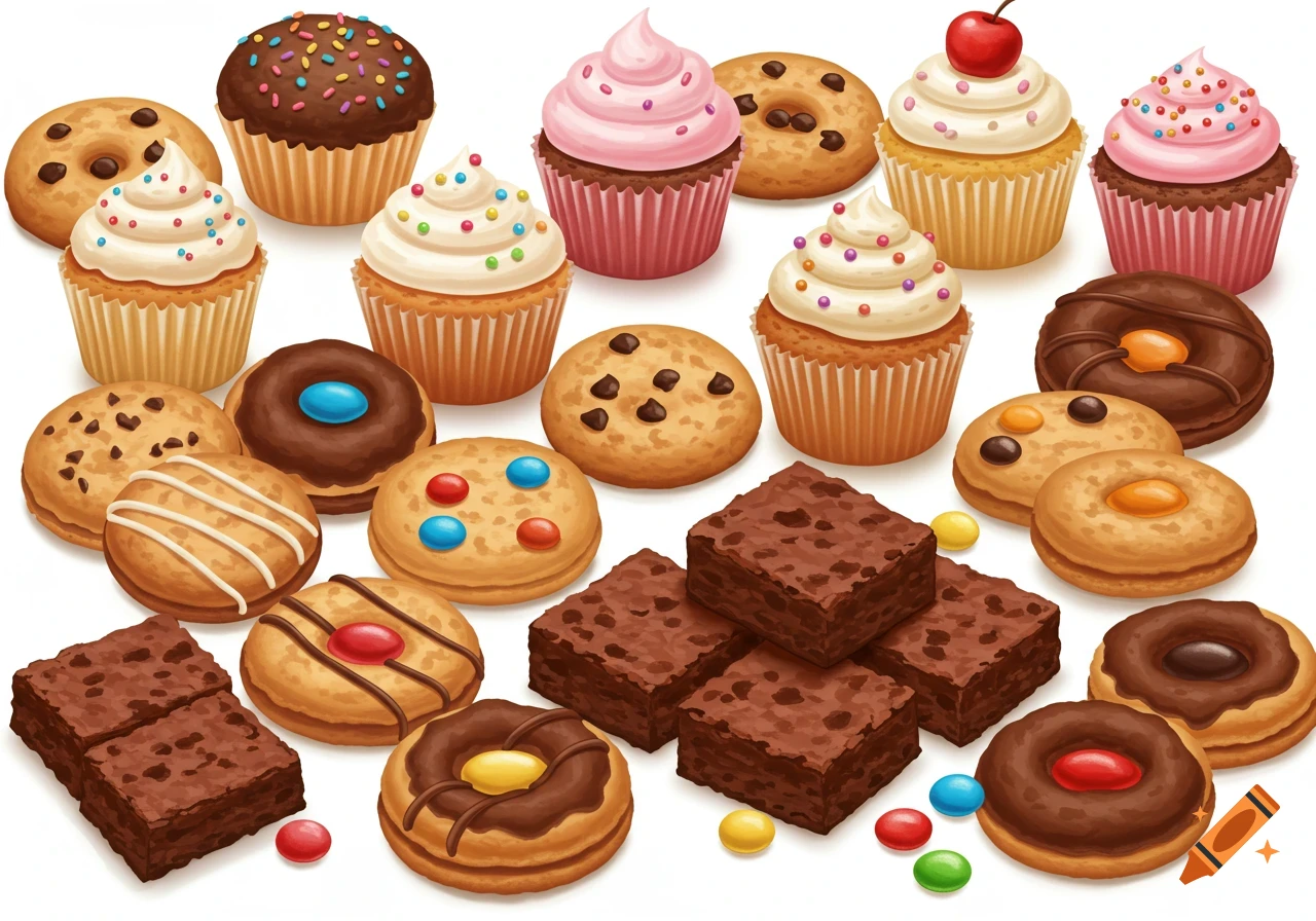 An assortment of colorful illustration style cupcakes, cookies, brownies, and donuts on a white background.