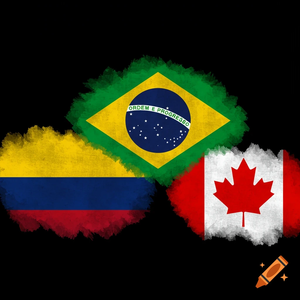 Colombian, Brazilian, and Canadian flags with brushstroke edges on a black background.