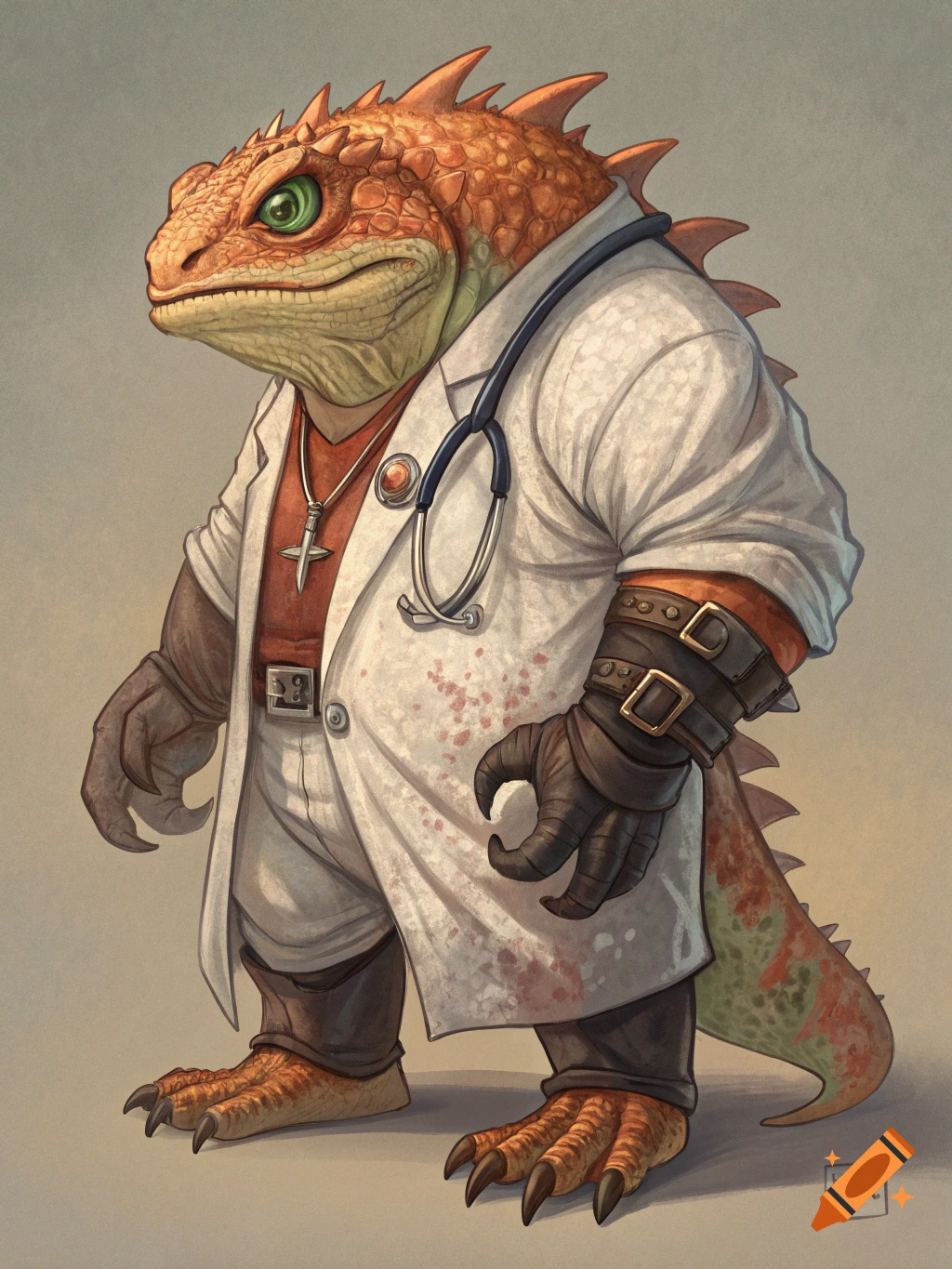 A burly humanoid lizard creature wearing a white lab coat, stethoscope, and gloves.