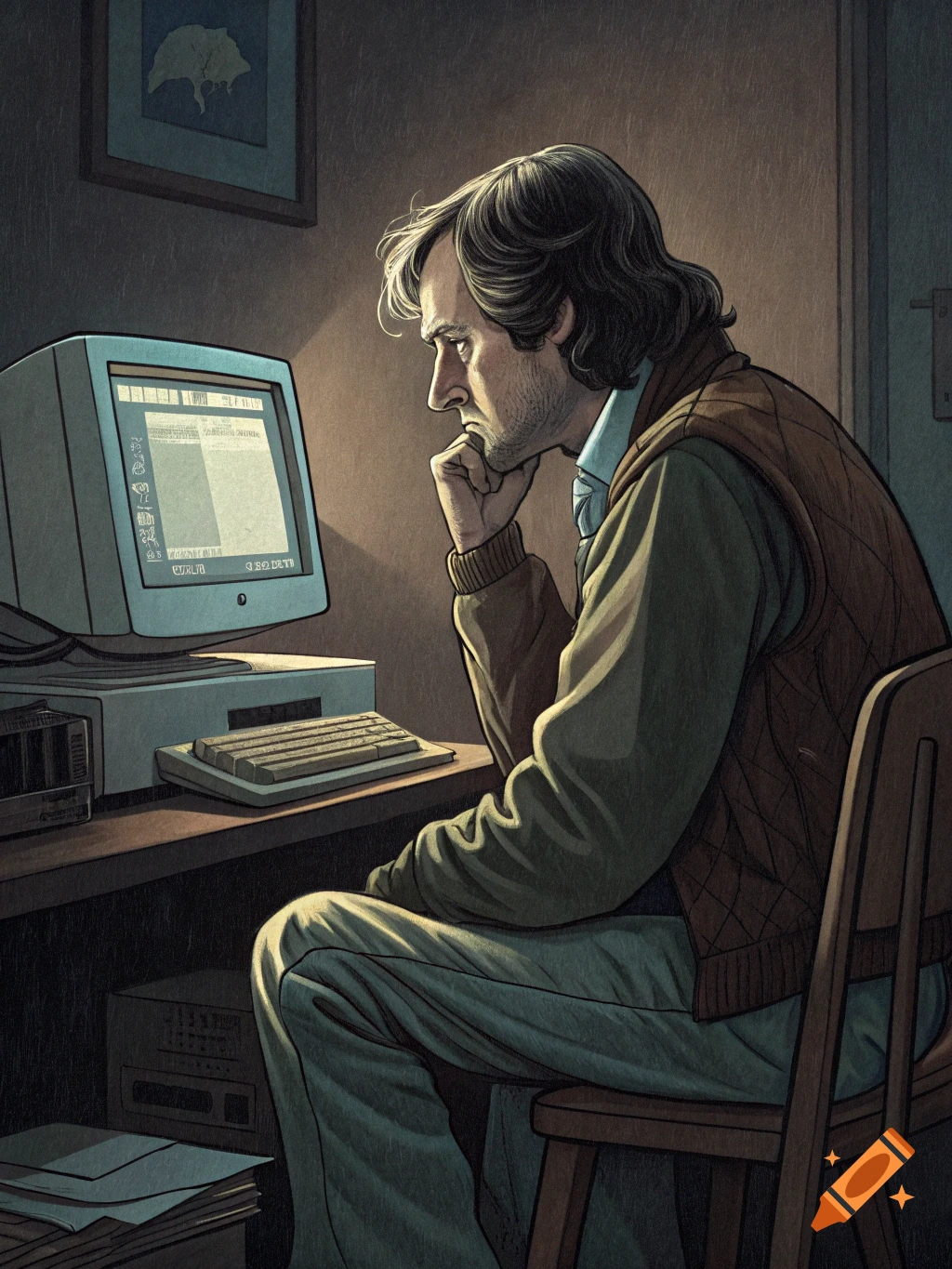 Illustration of a man sitting at a desk, looking intently at an old computer screen.