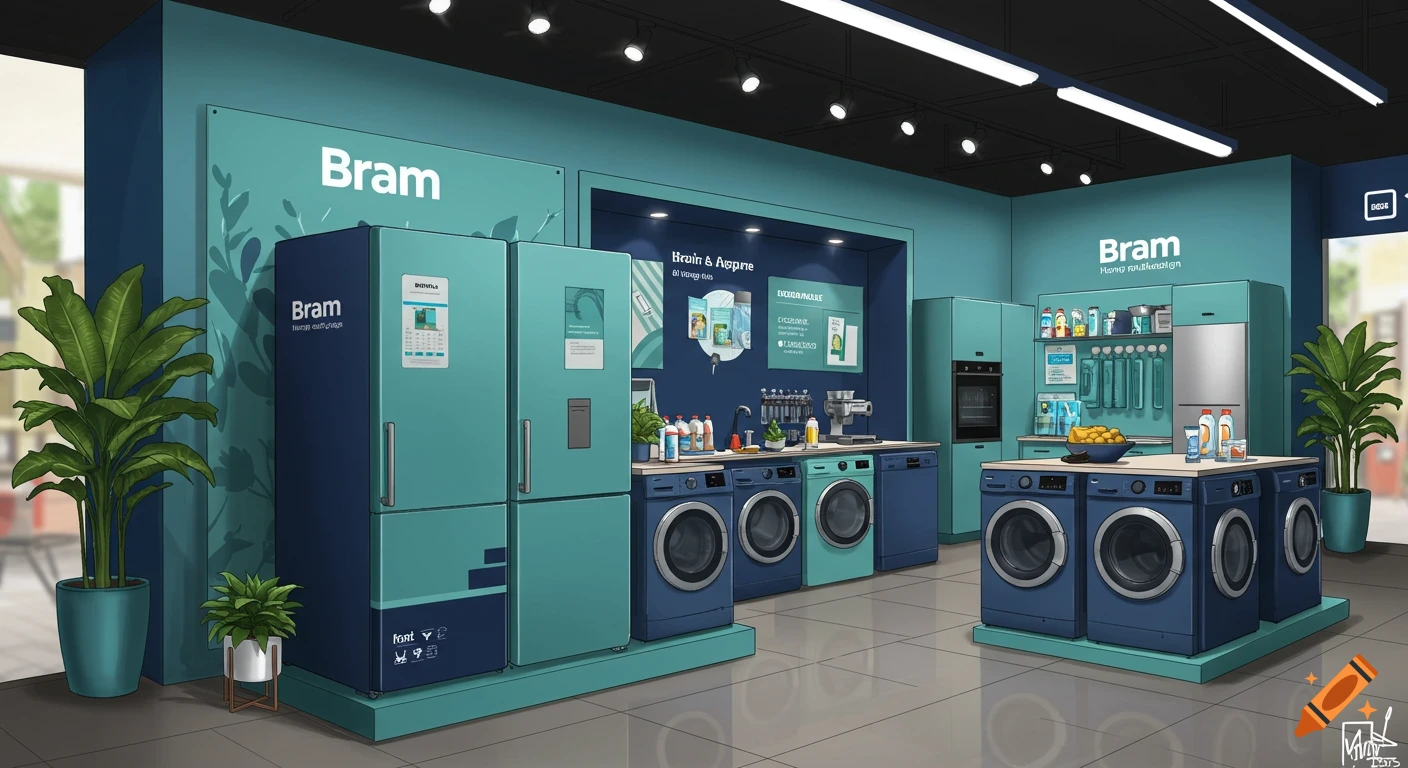 Illustration of a modern appliance store interior with blue refrigerators, washing machines, and cleaning supplies displayed.