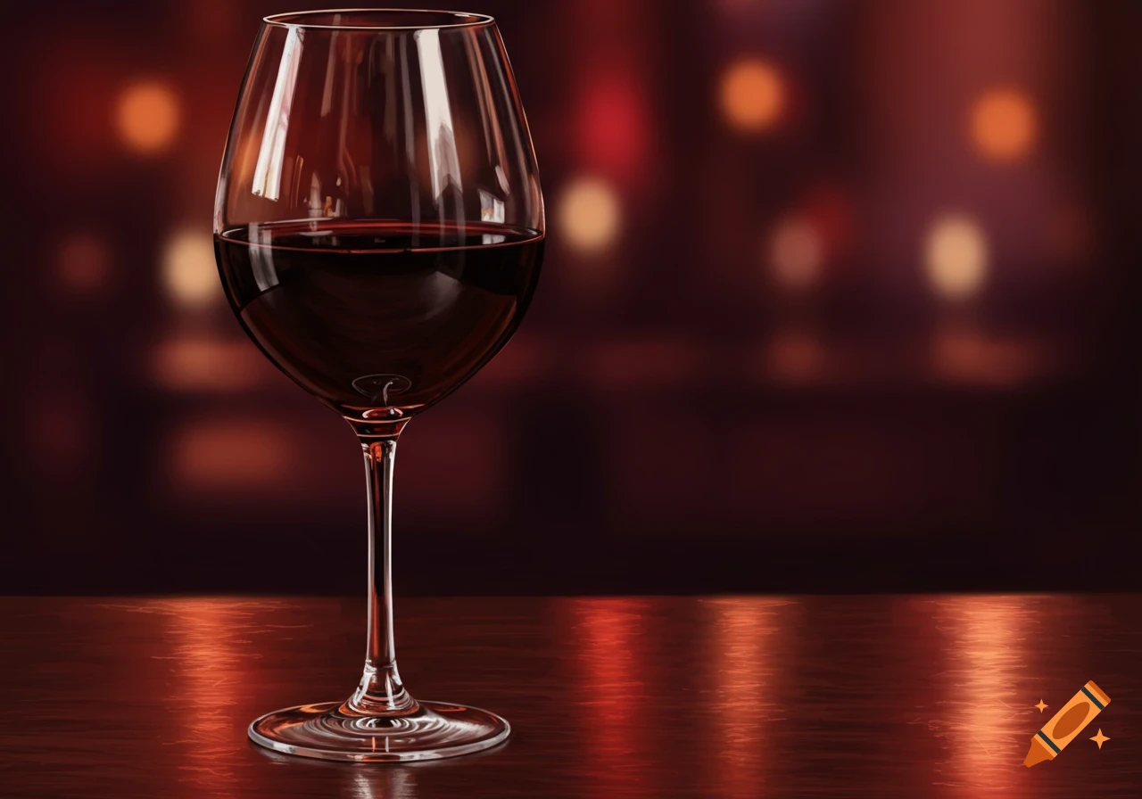 A glass of red wine sits on a table with a blurred background of lights.