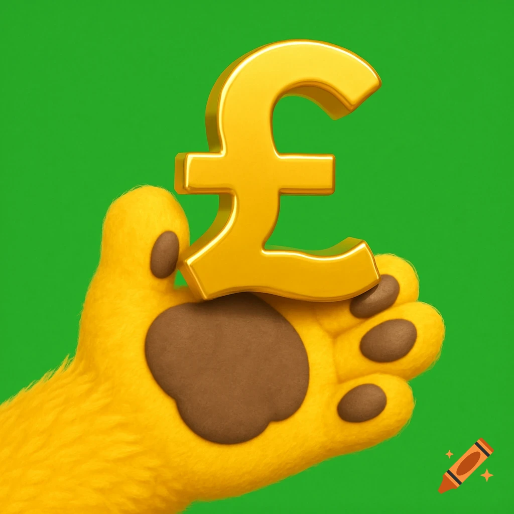 Cartoon yellow bear paw holding a golden British pound symbol against a green background.