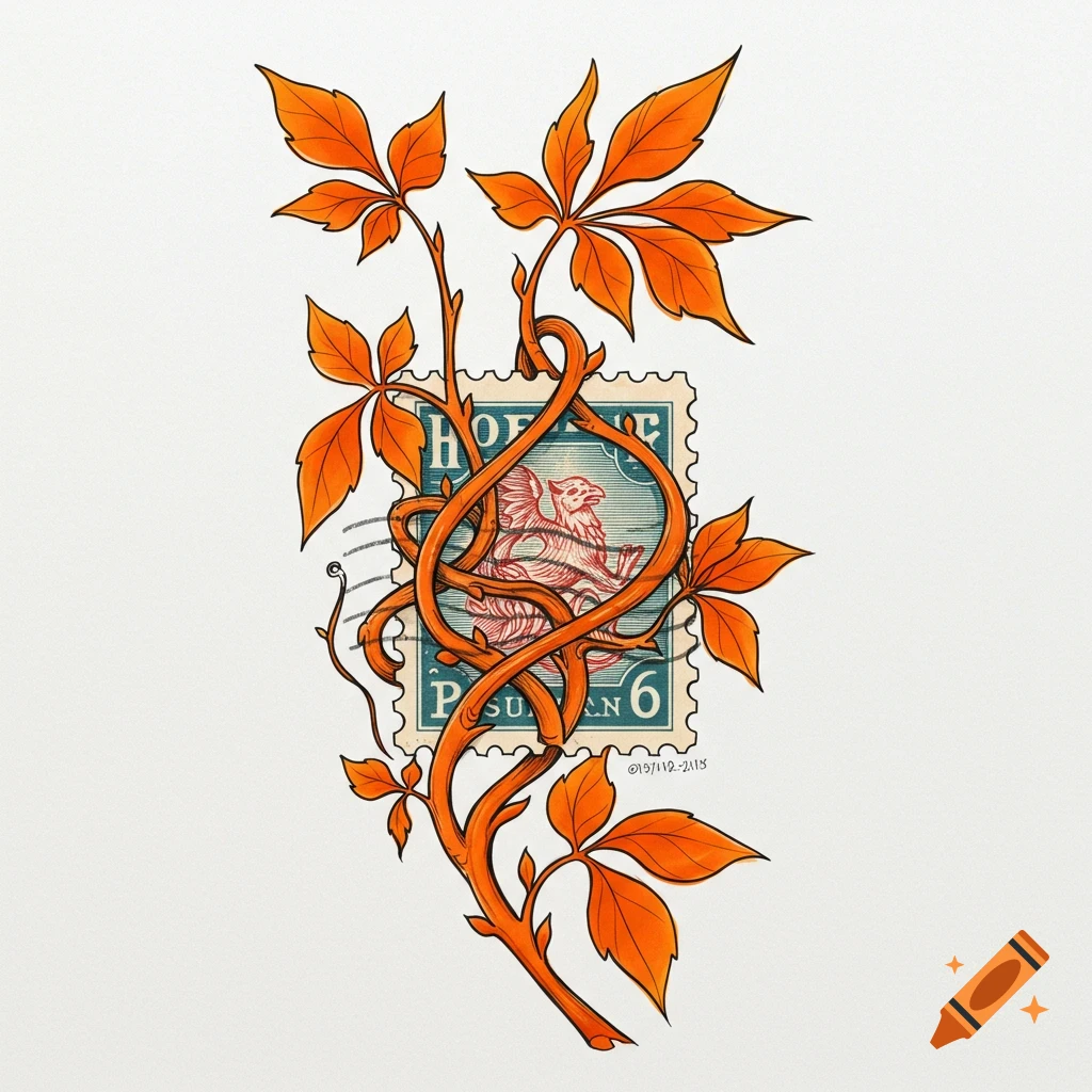 Illustration of an orange vine wrapped around a postal stamp featuring a bird, on a light background.