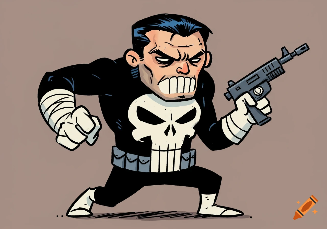 A cartoon drawing of The Punisher holding a gun.