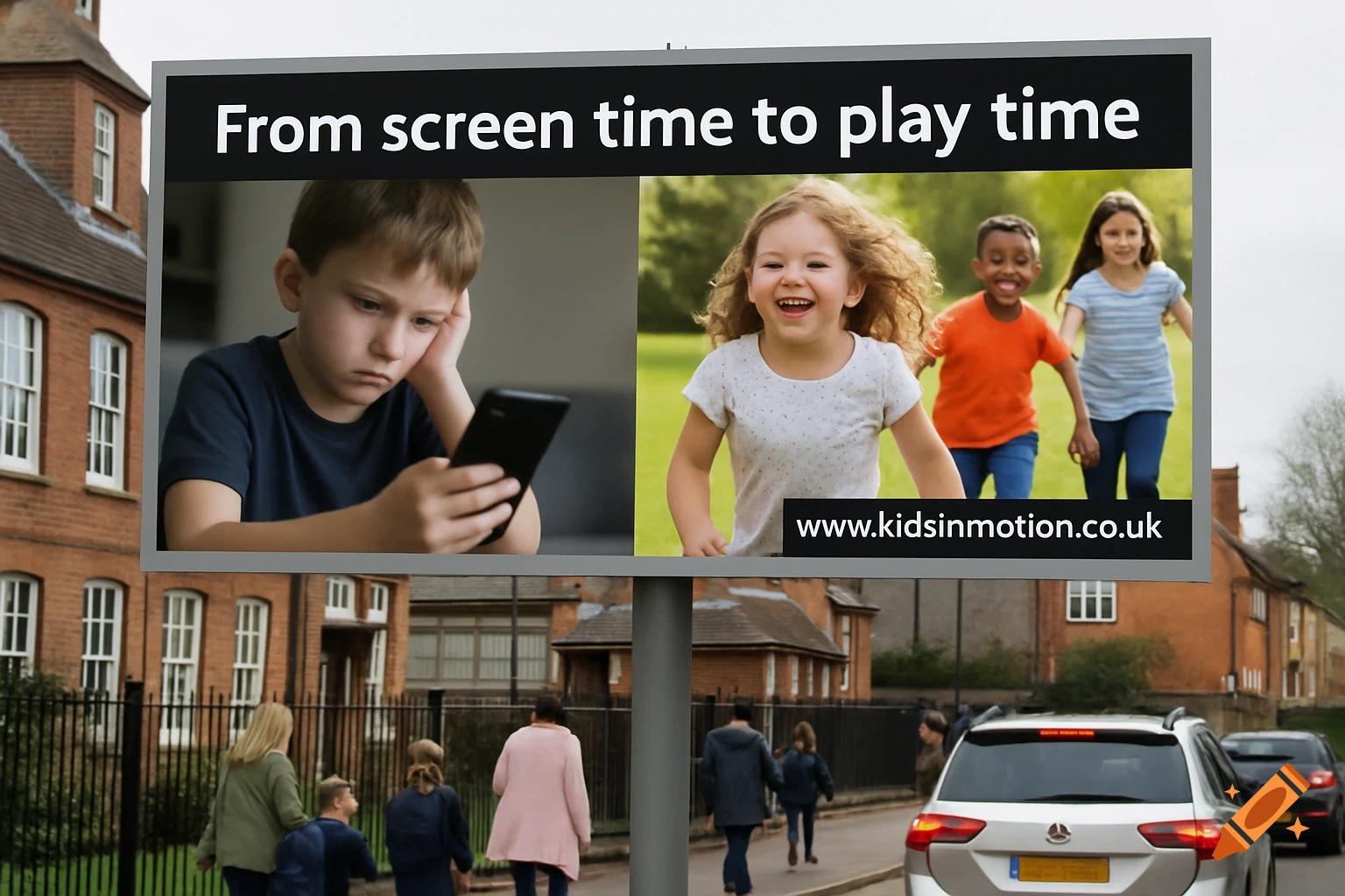 Billboard by a school shows a sad child on a phone next to happy children playing, text says 'From screen time to play time' and website.