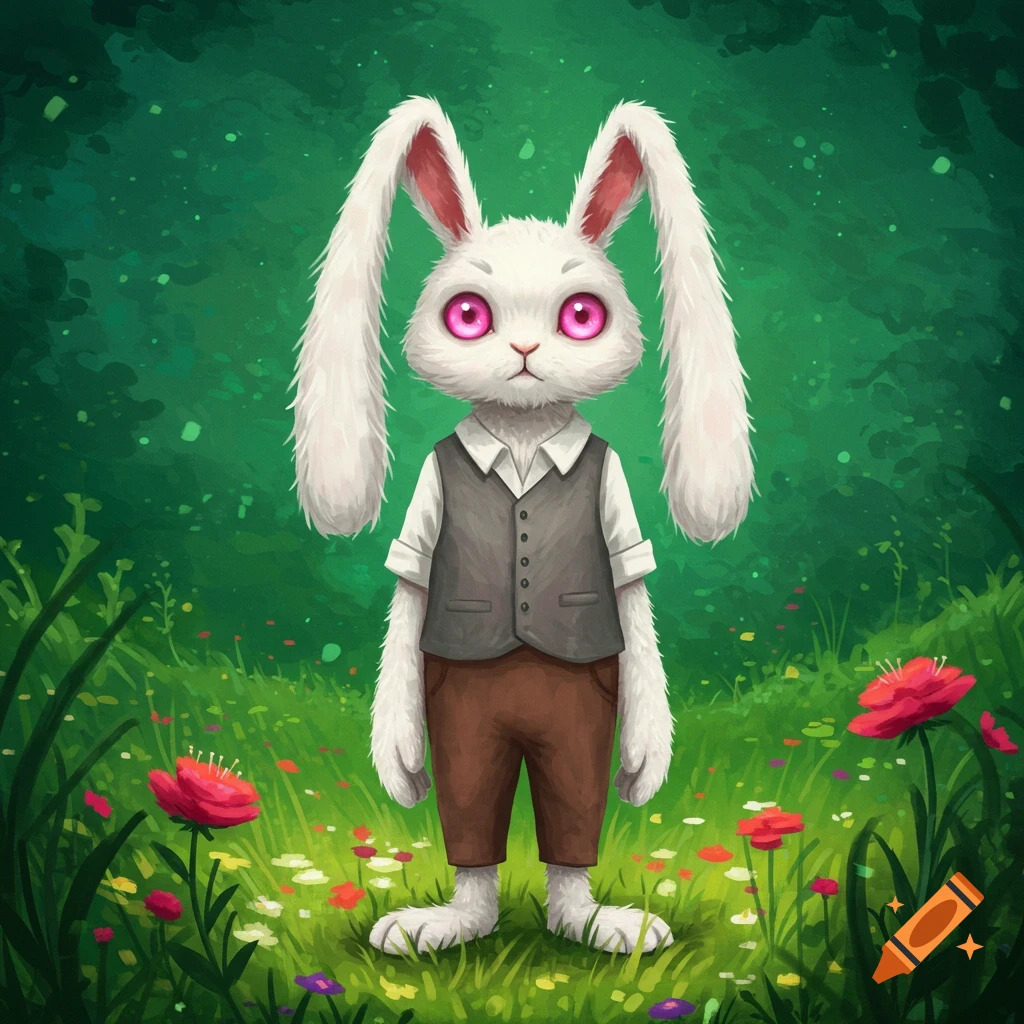 Anthropomorphic white rabbit with pink eyes wearing a vest and shirt stands in a field of flowers. Digital painting.