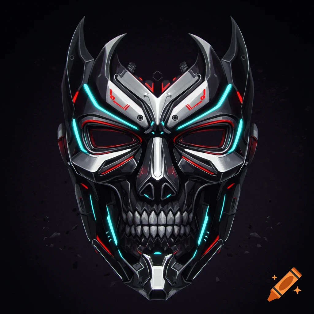 Close-up of a metallic cyberpunk skull mask with glowing blue and red lines.