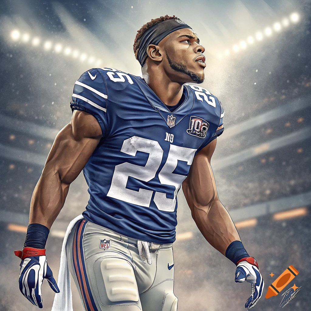 Illustration of a football player in a blue jersey and white pants standing on a field.