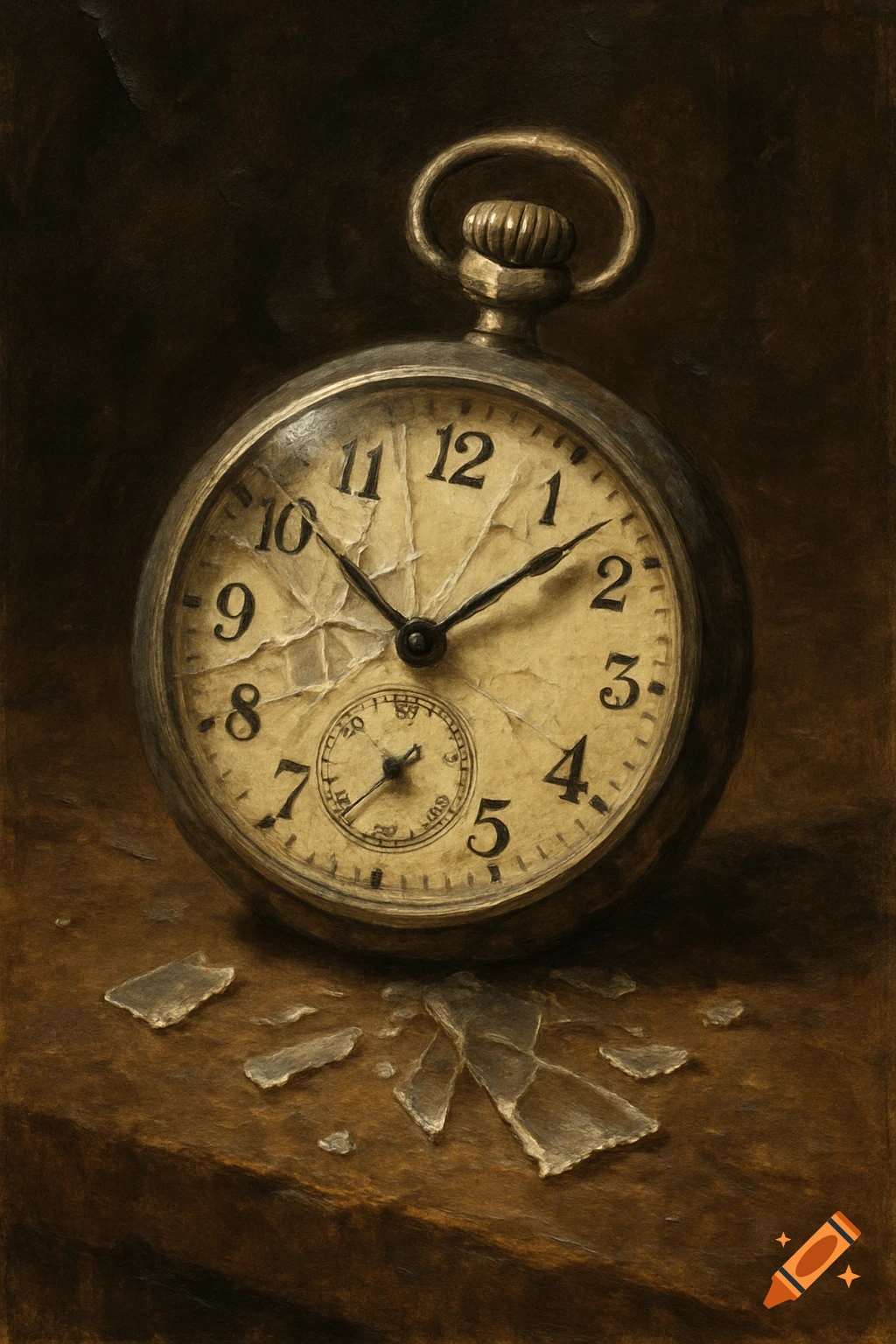 Painterly still life of a broken antique pocket watch and glass shards.
