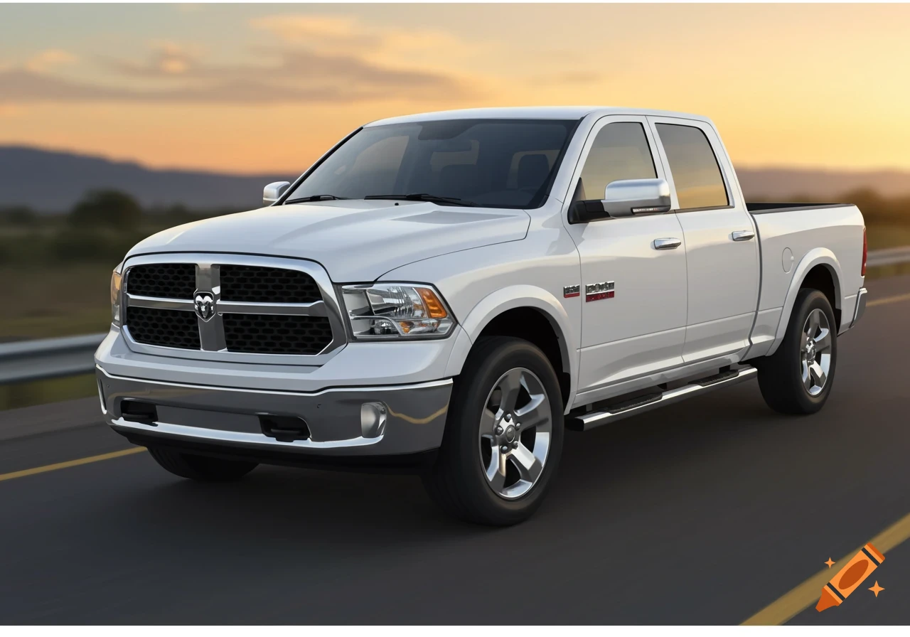 A white Ram 1500 truck drives on a road at sunset.
