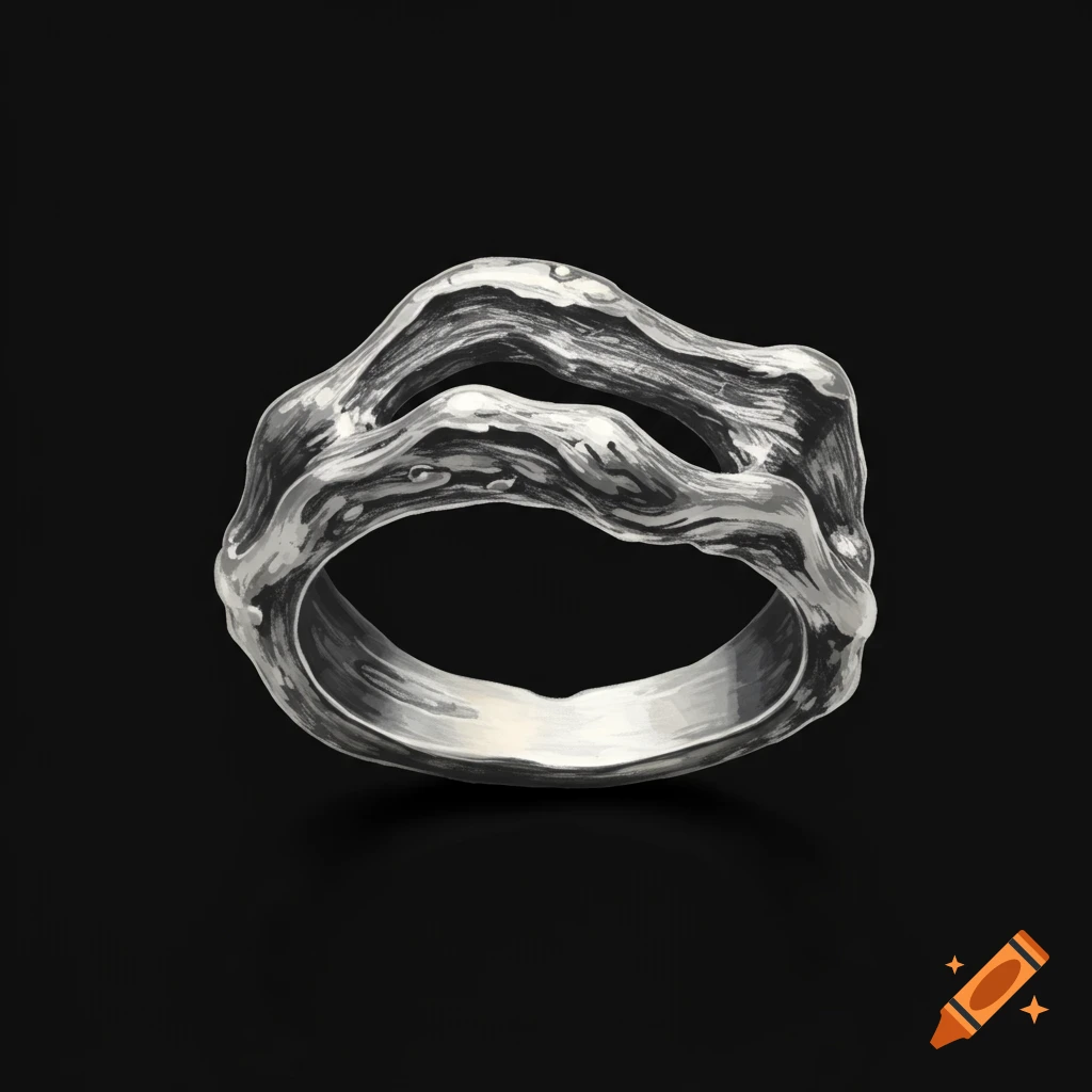 An organic-looking silver ring on a black background