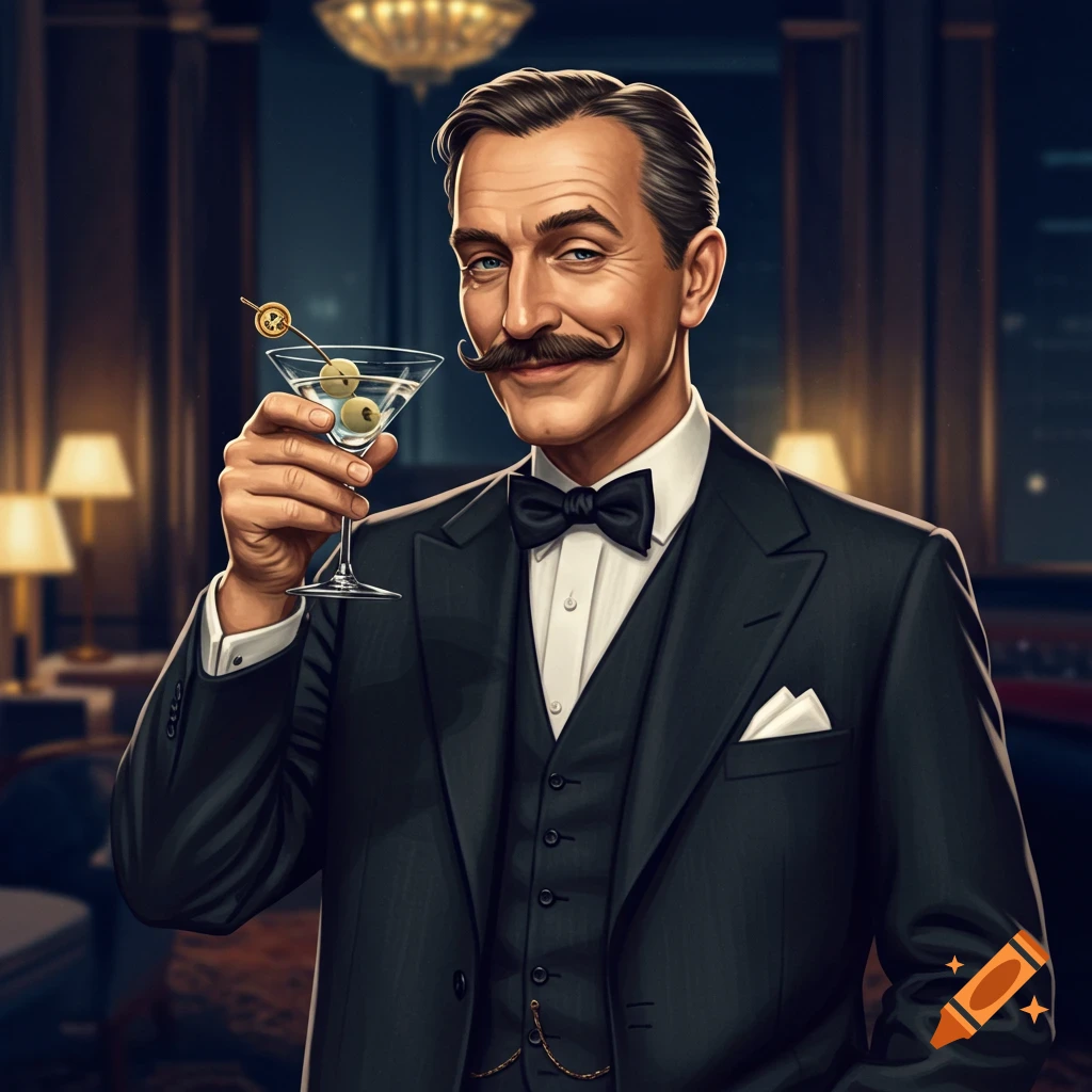 Illustration of a man in a tuxedo holding a martini.