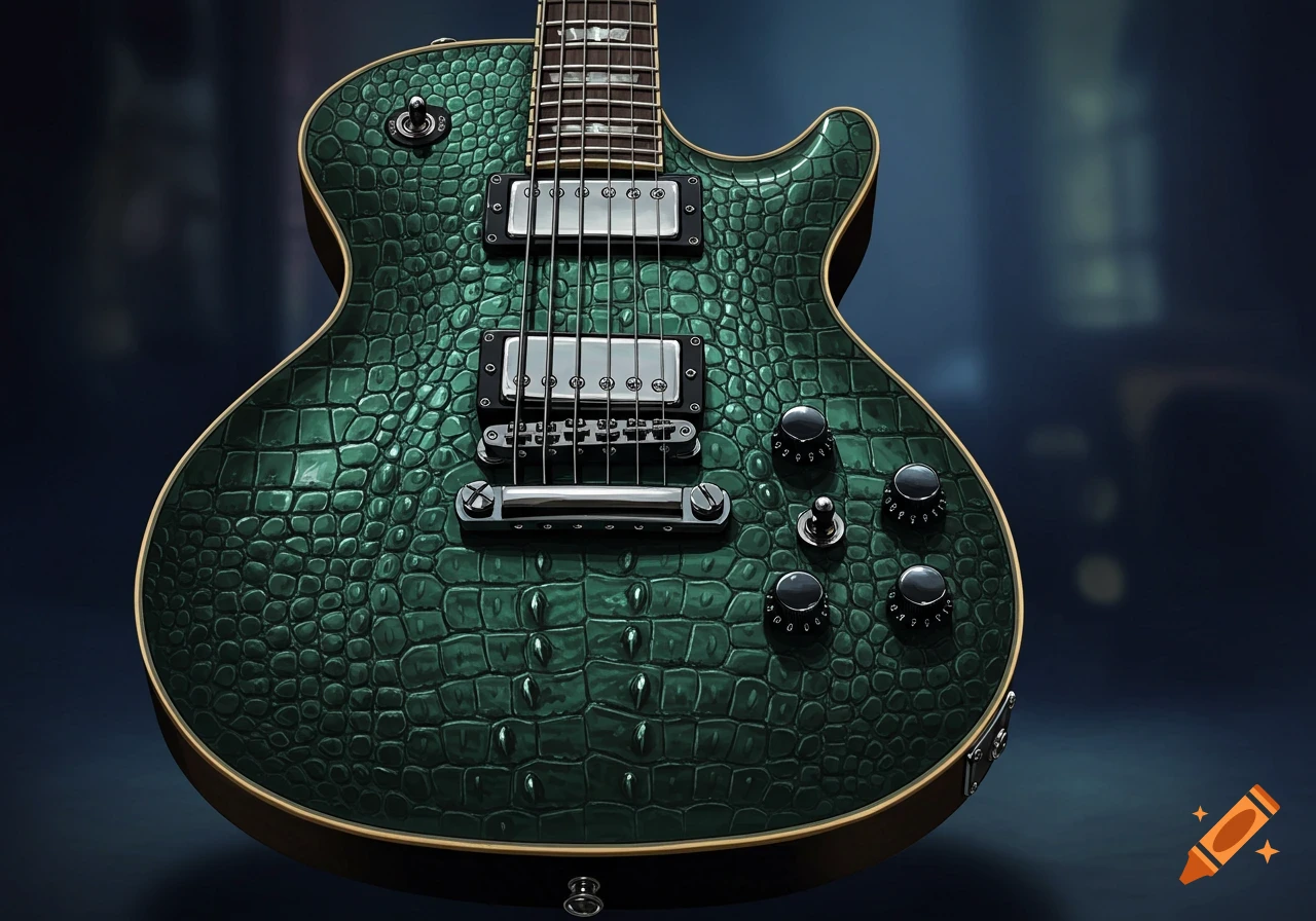 Close-up of a green electric guitar with crocodile skin texture