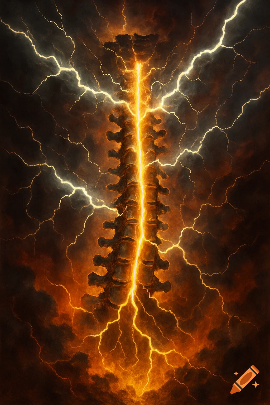 A stylized spine structure glowing with energy and surrounded by lightning against a dark, stormy background.