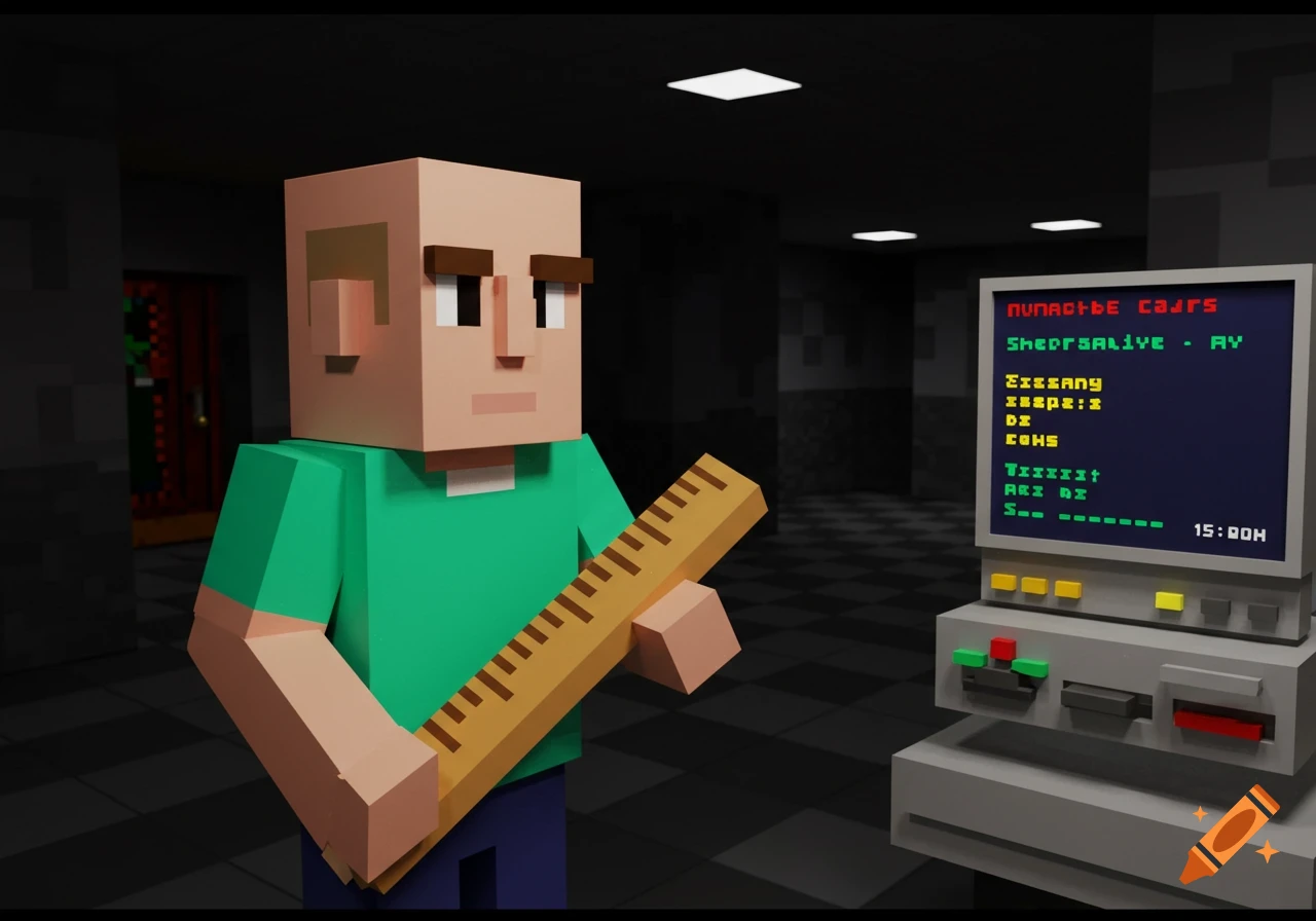 A blocky 3D rendering of a bald man in a green shirt holding a ruler next to a computer screen, in a style resembling a 90s video game.