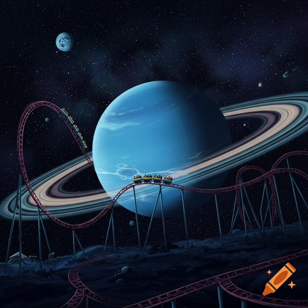 A roller coaster on a dark, rocky planet in space with a large, ringed blue planet behind it.
