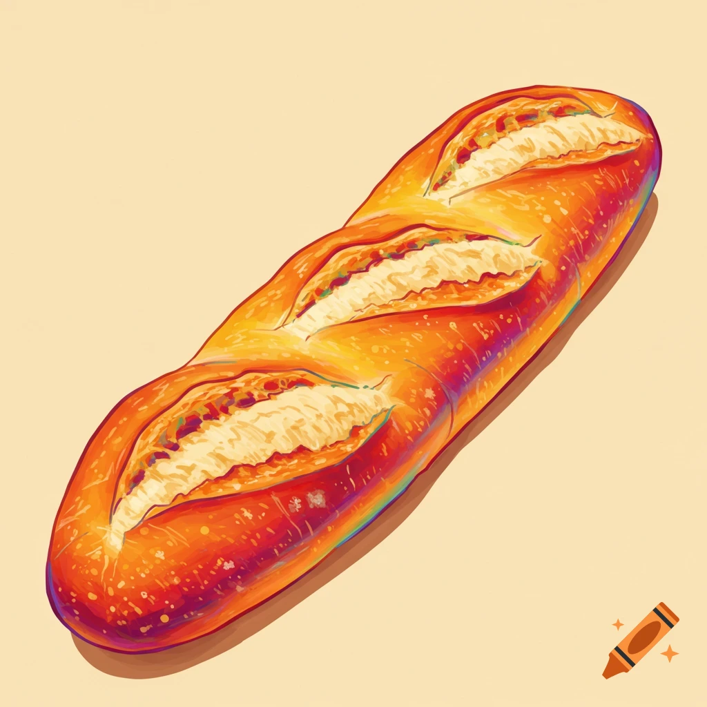A baguette loaf with rainbow colors on a light background.
