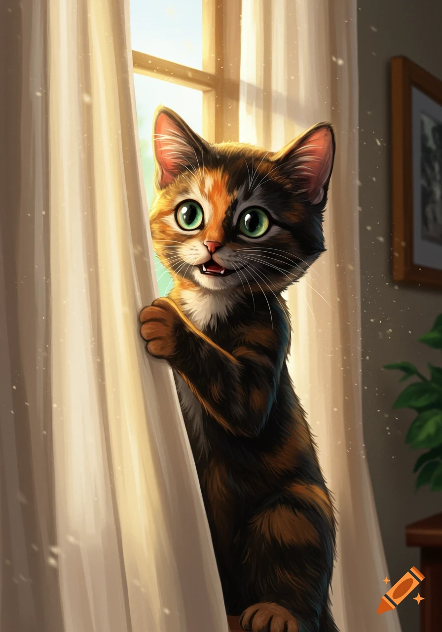 An illustrative image of a calico kitten peeking from behind a white curtain.