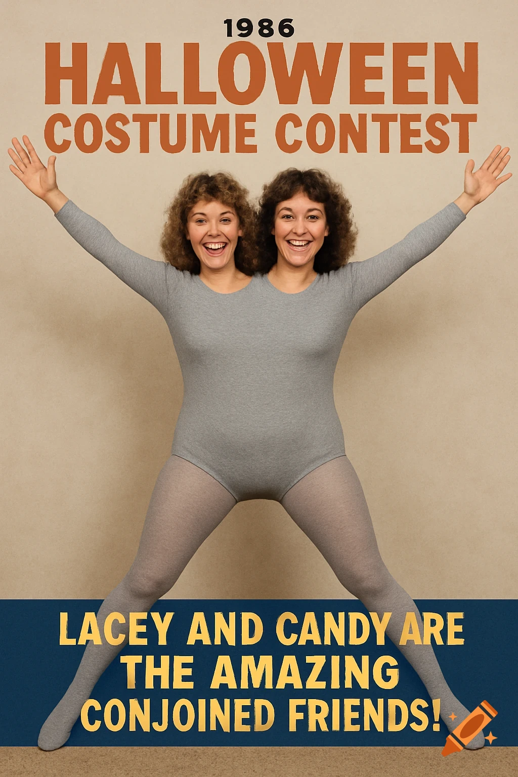 Poster for a 1986 Halloween costume contest showing two friends in a conjoined costume.