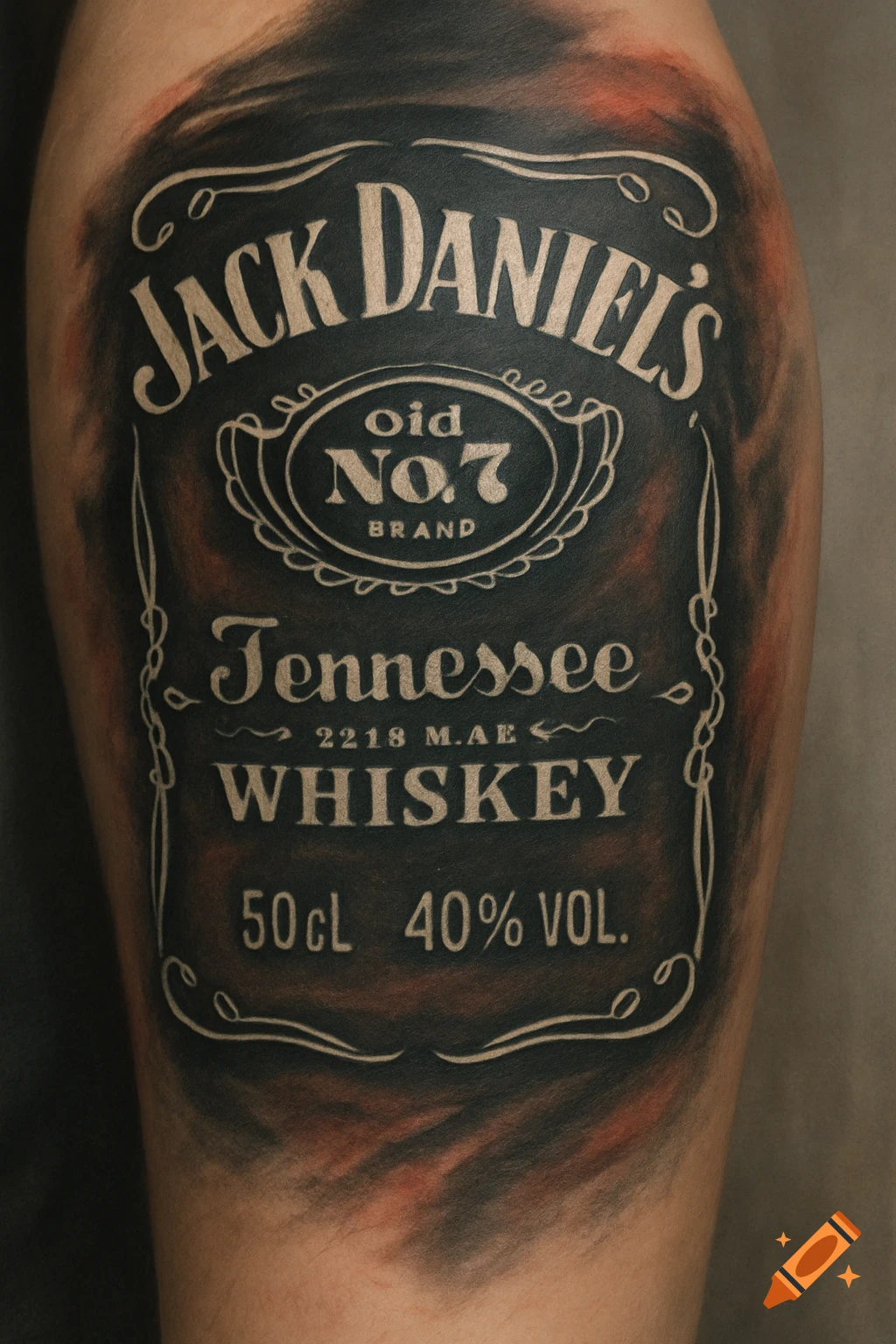 A photorealistic tattoo of a Jack Daniel's whiskey label on skin.