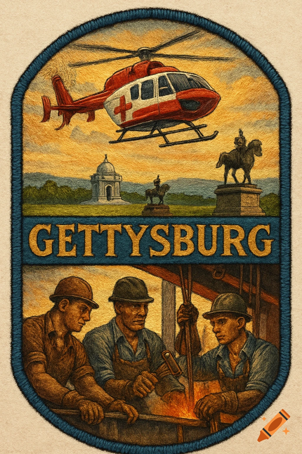 Patch style image of a medical helicopter, Gettysburg landmarks, and steel workers, with 'GETTYSBURG' text.