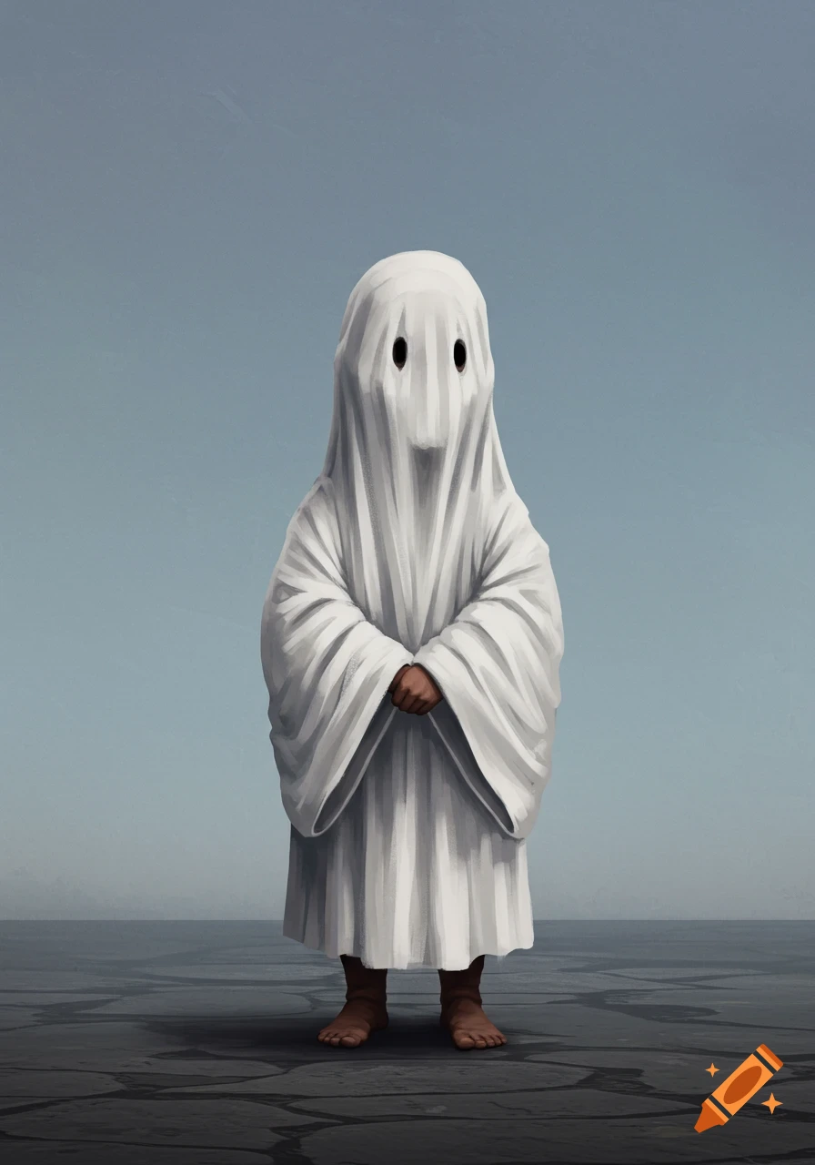 A figure in a white sheet ghost costume stands against a plain background.