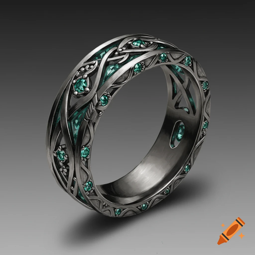 Silver ring with green gems and celtic knot pattern