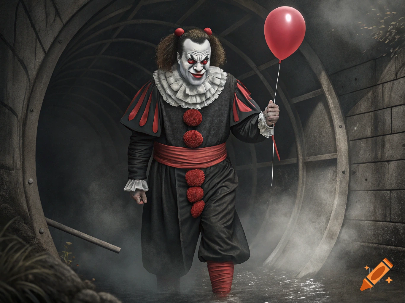 A horror parody image of a clown resembling Steven Seagal holding a red balloon in a dark sewer entrance.