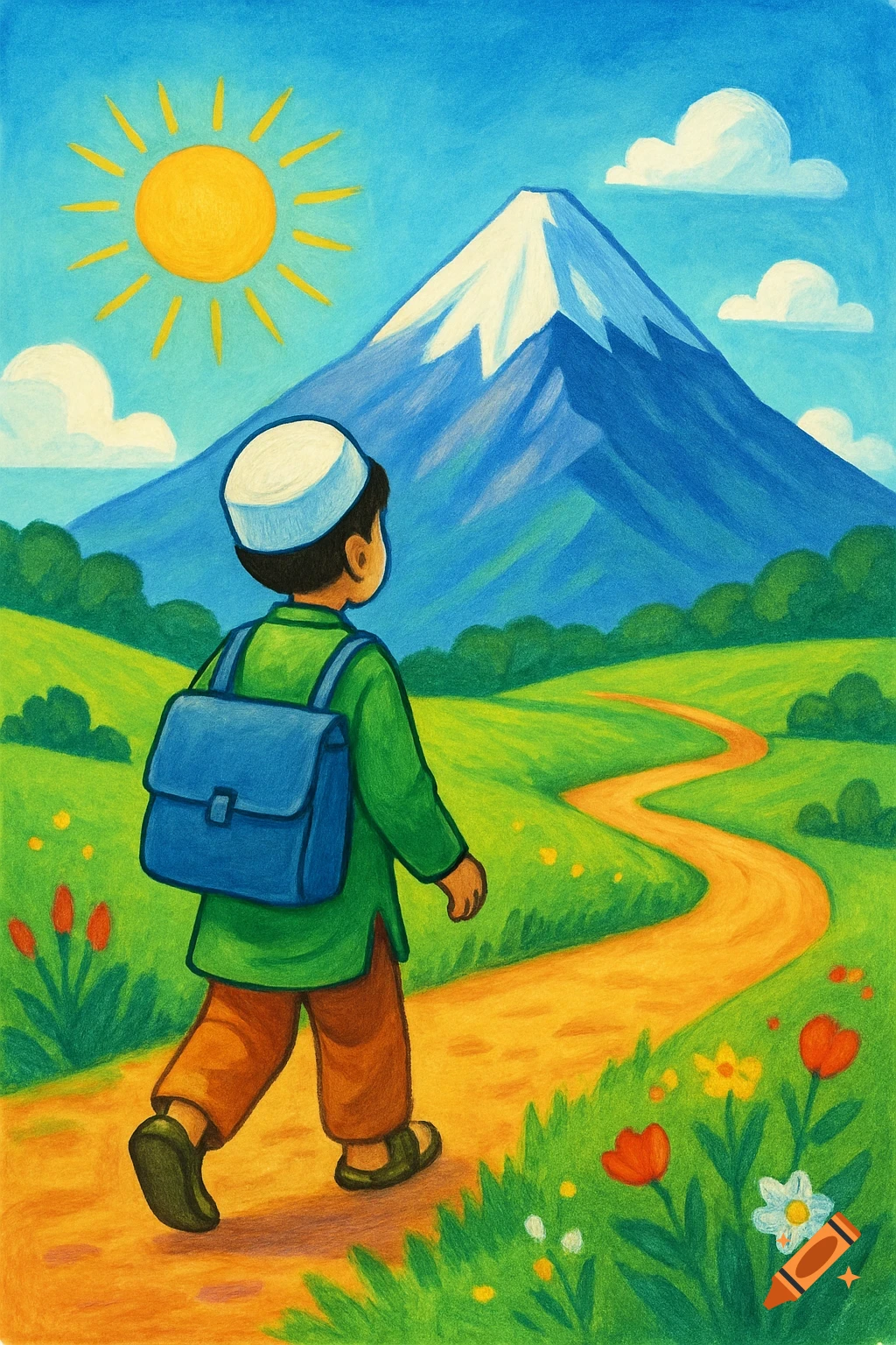 Bright illustration of a boy with a backpack walking on a winding path towards a mountain.