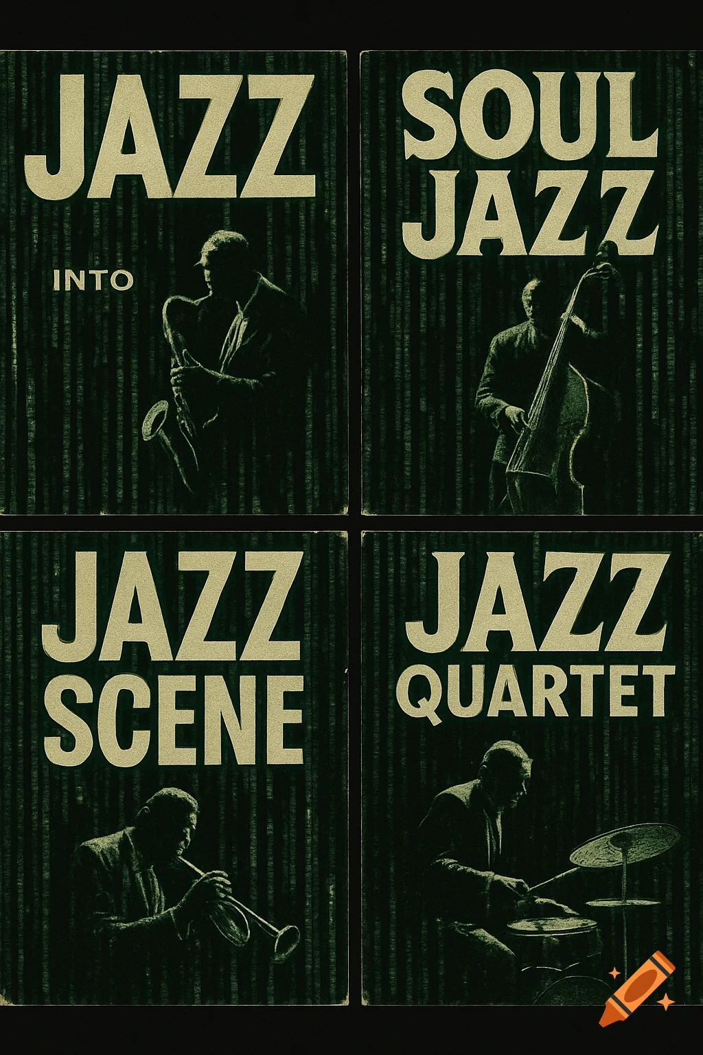 Four panels of vintage jazz record covers with text and musician silhouettes.