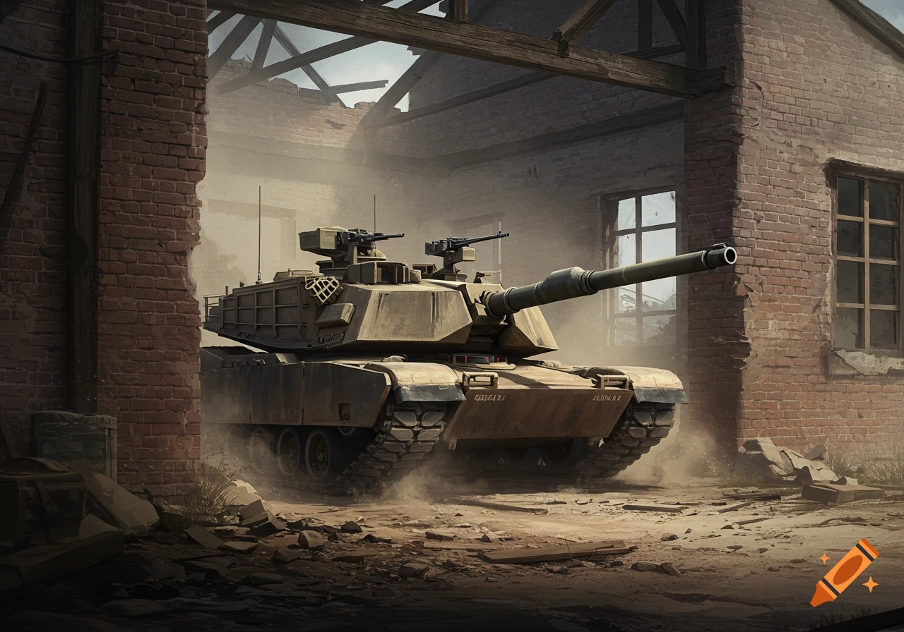 A military tank sits in the ruins of a brick building.