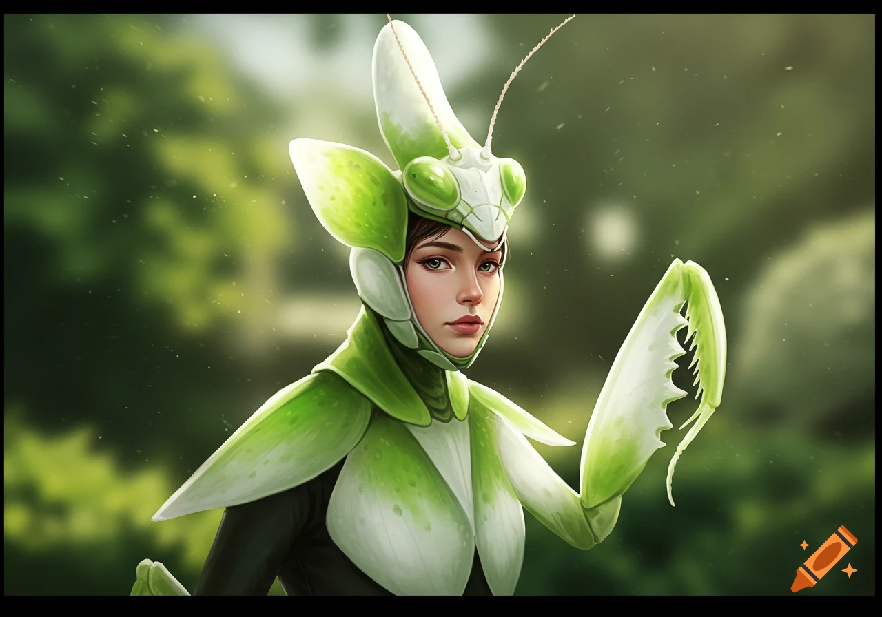Digital painting of a woman in an orchid mantis costume in a green forest setting.