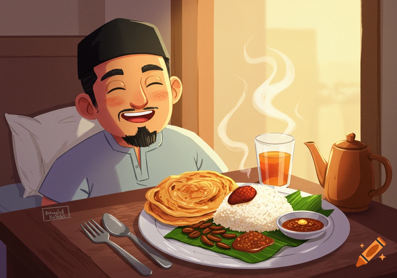 Smiling cartoon man sits at a table with a traditional meal, drink, teapot, and cutlery, by a window.