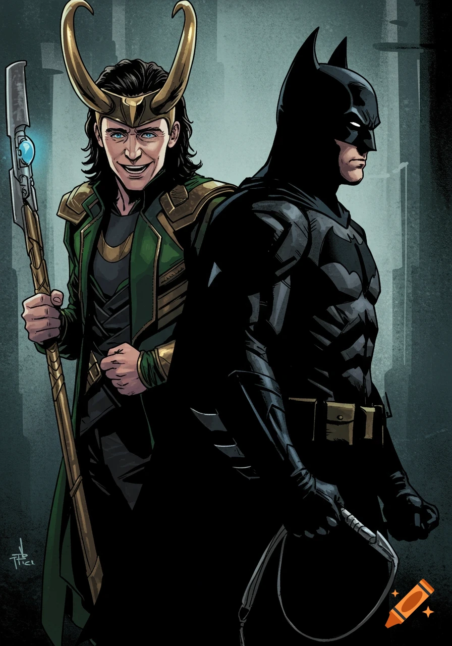 Loki holding scepter and Batman standing side-by-side in comic art style