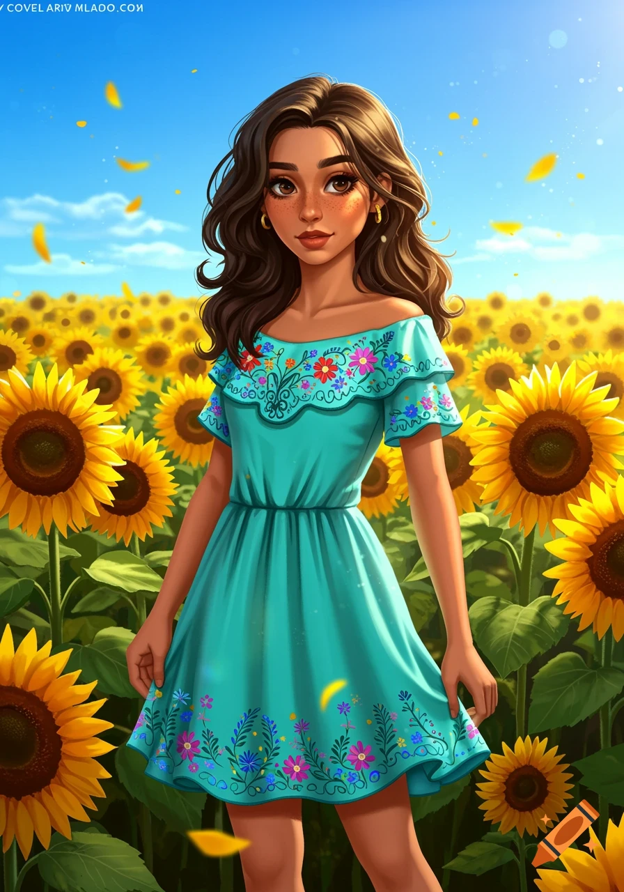 A young woman in a turquoise dress stands in a field of sunflowers under a blue sky.