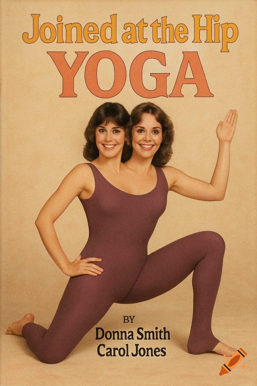 1980s yoga book cover for Joined at the Hip Yoga, featuring two women merged into one body with two heads.