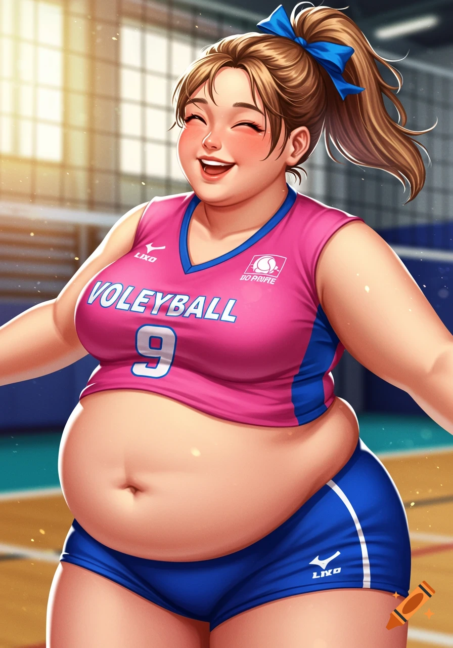 Anime-style illustration of a plump woman in a pink volleyball jersey smiling on a court.