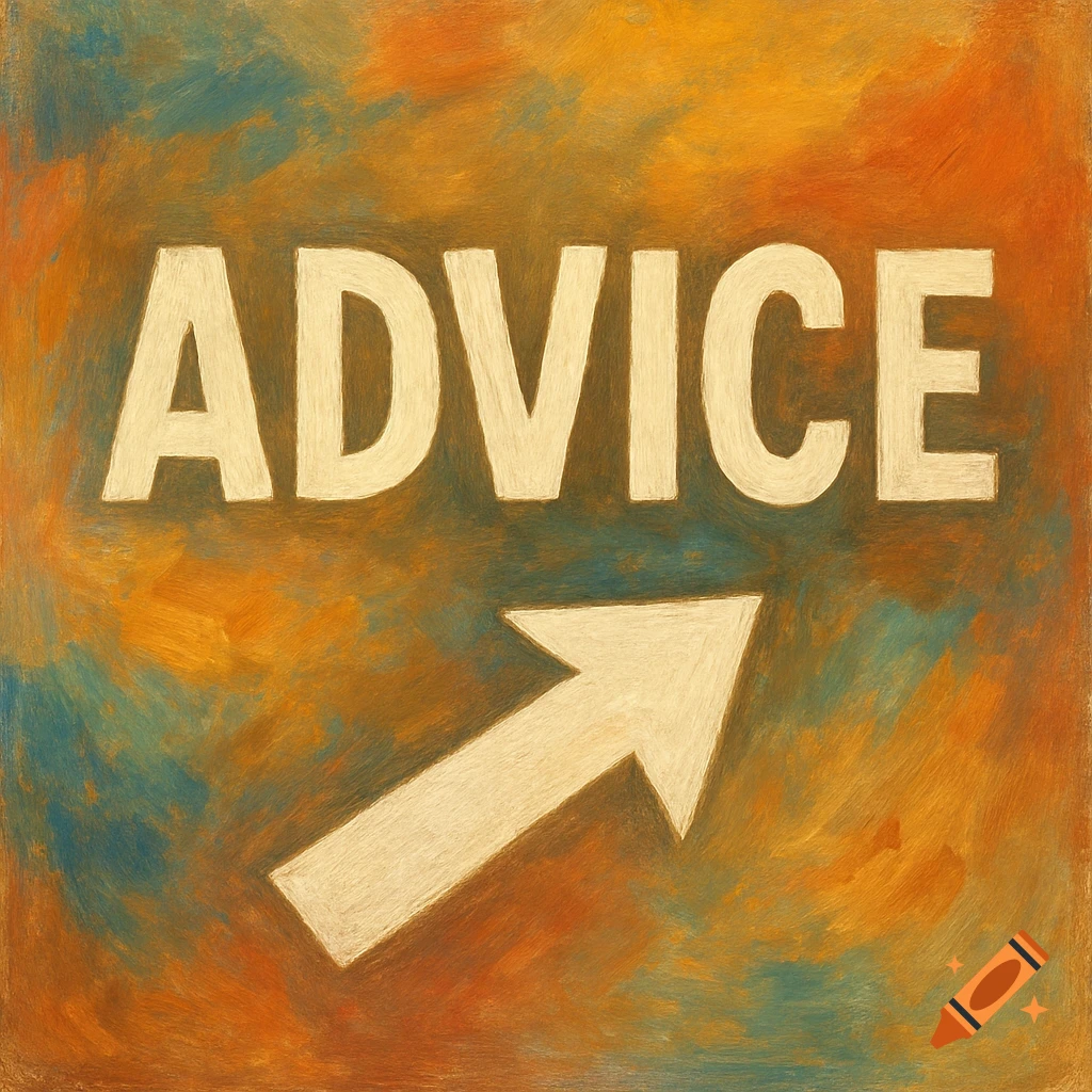 The word ADVICE in large white letters above a white arrow pointing upward and to the right, against a painterly background of orange, yellow, and blue strokes.