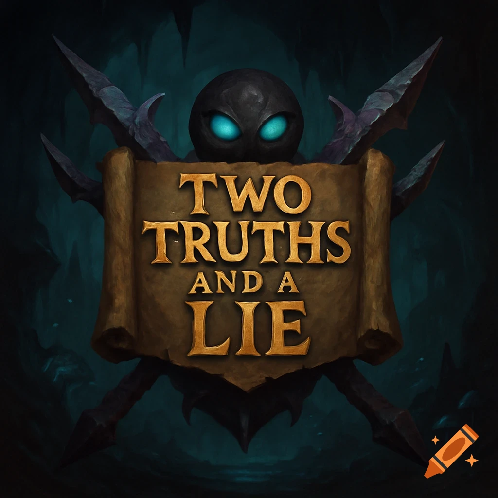 Logo for 'Two Truths and a Lie' with a dark creature and blades behind a scroll with text, in a fantasy style.