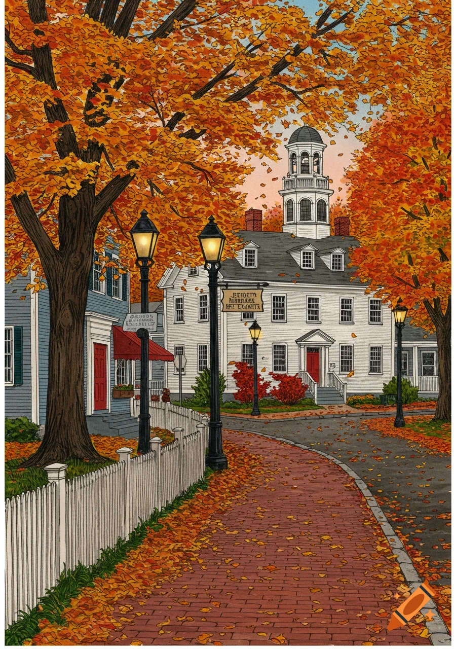 Illustration of a charming New England town square in autumn with colorful trees, historic buildings, and fallen leaves.